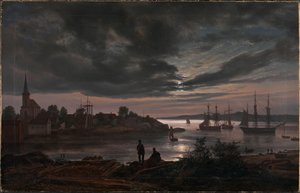 Norueguês:  Porto de Larvik ao luar Larvik ao luar de Johan Christian Dahl