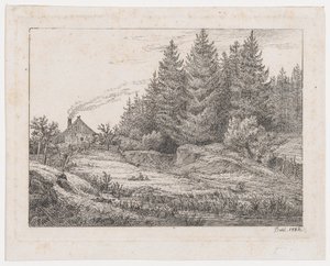 Cabana de camponeses à beira de uma floresta de Johan Christian Dahl