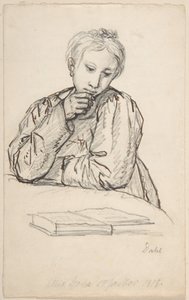 Retrato de Eline Marie Heger em criança, apoiada numa mesa, a olhar para um livro de Johan Christian Dahl