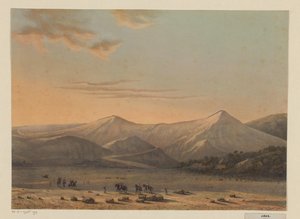 Vista do vulcão Bromo A montanha cuspidora de fogo de Bromo em 1856 (residência Probolingo) (título no objeto)