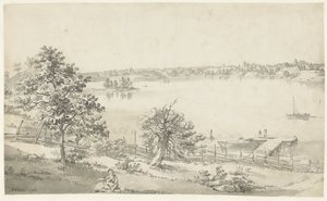 Vista de uma ampla água nas montanhas com figuras em primeiro plano de Johan Eric Rehn
