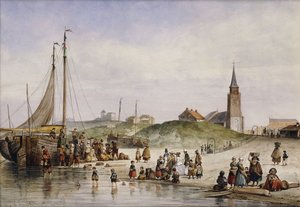 Pescadores em uma praia com uma cidade além, 1857 de Johan Gerard Smits