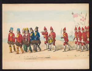 Mascarada dos estudantes de Delft, 1857 (placa 1)
Desfile com trajes realizados pelos membros do corpo estudantil de Delft em 5 de Maio de 1857, representando o desfile de Garebeg do Sultão de Djokjokarta e os tipos mais característicos do N de Johan Hendrik Hoffmeister