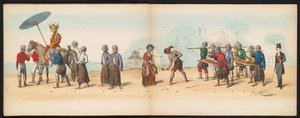 Máscara dos Estudantes de Delft, 1857 (placa 6) Procissão fantasiada realizada pelos membros do corpo estudantil de Delft em 5 de maio de 1857, representando a procissão Garebeg do Sultão de Djokjokarta e os tipos mais característicos da Holanda. de Johan Hendrik Hoffmeister