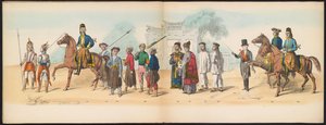 Máscara dos Estudantes de Delft, 1857 (placa 8) Procissão fantasiada realizada pelos membros do corpo estudantil de Delft em 5 de maio de 1857, representando a procissão Garebeg do Sultão de Djokjokarta e os tipos mais característicos da Holanda. de Johan Hendrik Hoffmeister