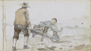 Paisagem com um homem empurrando um menino em um carrinho de mão de Johan Hendrik Weissenbruch