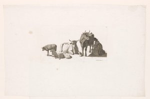 Mulher ordenhando uma vaca, com gado e ovelhas. de Johan Jakob Biedermann