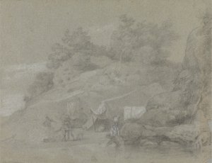 Um Rio junto a um Banco Rochoso com Números, Possivelmente na Índia de Johan Joseph Zoffany