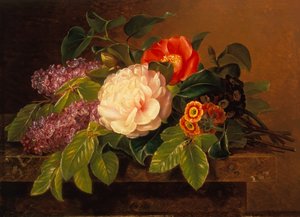 Peónias, Lilás e Primulas sobre um Marble Ledge (óleo sobre painel) de Johan Laurents Jensen