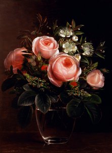 Rosas e anémonas num vaso de vidro. Pintura de Johan Laurentz Jensen (1800-1856 dinamarquês) Coleção Privee