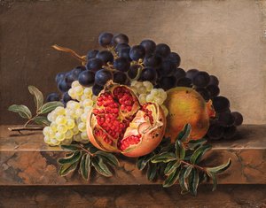 Romãs e uvas verdes e azuis em uma moldura de mármore, 1833.