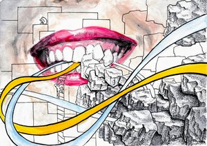 Dentes. Pedras e Cordas. Pintura em aguarela e tinta. de Johan Liewendahl