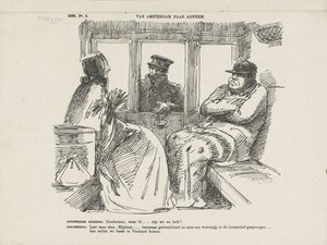 Caricatura dos muitos acidentes no Rhijnspoorweg, 1866 De Amsterdã a Arnhem (título no objeto)