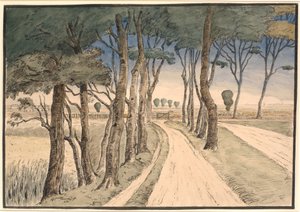 Paisagem de campo. Em primeiro plano uma estrada com árvores de Johan Rohde