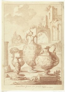 Candelabro e vaso seco Laomedonteae fuerant haec pocula mensea (título no objeto) Vaso e castiçal (título da série) de Johan Teyler (attributed to)