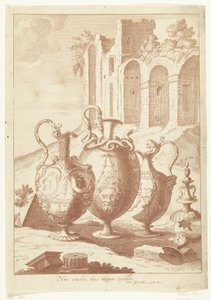 Quatro jarros, o quarto quebrado
Huc oculis, huc mente trahor (título sobre o objecto)
Vasos e candelabros (título da série) de Johan Teyler (attributed to)