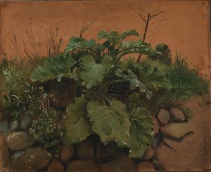 Uma bardana e outras plantas em uma parede de pedra de Johan Thomas Lundbye