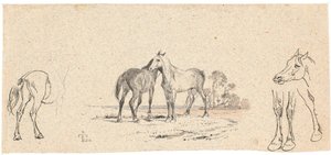 Os dois cavalos; e estudo de cavalos de Johan Thomas Lundbye