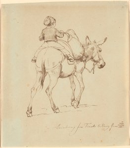 Um menino sentado em um burro carregado, visto por trás