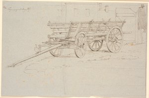 Um vagão de colheita com uma galinha cacarejando no poste do vagão de Johan Thomas Lundbye
