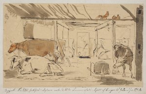 Um estábulo em uma casa de fazenda, colado na página 19 f.n. de Johan Thomas Lundbye
