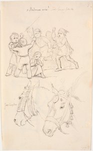 Uma garotinha no meio de um grupo de meninos que estão brigando, abaixo das cabeças de dois cavalos de Johan Thomas Lundbye
