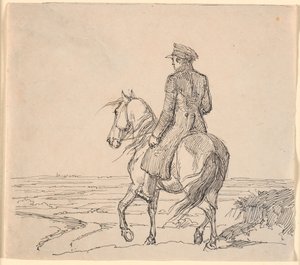 Um cavaleiro visto obliquamente por trás cavalgando em direção a vasta paisagem de Johan Thomas Lundbye