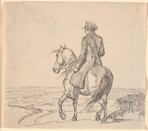 Um cavaleiro visto obliquamente por trás cavalgando em direção a vasta paisagem de Johan Thomas Lundbye