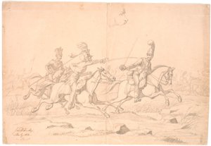 Um duelo equestre; acima de um estudo de uma cabeça de Johan Thomas Lundbye