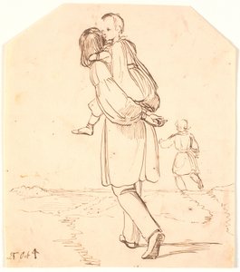 Um jovem transporta uma menina às costas através de uma paisagem de Johan Thomas Lundbye
