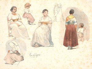 Quatro estudos de mulheres italianas, um com uma criança na mão, bem como um estudo de uma criança e um estudo de um varredor de rua