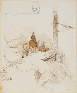 Viajantes a pé e a cavalo num caminho de montanha sobre uma pequena cabeça masculina vista de costas de Johan Thomas Lundbye