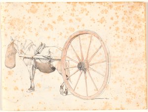 Estudo bem elaborado de um cavalo de carroça com uma sacola, apenas a vara da carroça e uma roda muito grande são visíveis da carroça de Johan Thomas Lundbye