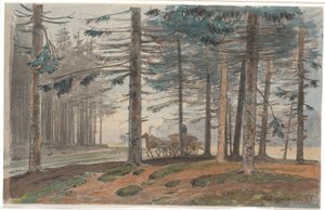 Floresta de abetos com estrada, na qual corre uma carruagem puxada por cavalos com carga de lenha. Ao fundo uma clareira na floresta de Johan Thomas Lundbye