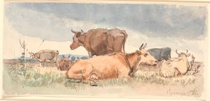 Paisagem com três vacas deitadas e três em pé