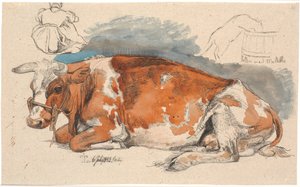Vaca deitada. No topo, à esquerda, uma camponesa sentada, t.h. um gato bebendo de um dente de leão de Johan Thomas Lundbye