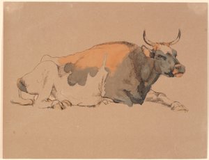 Vaca manchada de vermelho e preto deitada de Johan Thomas Lundbye