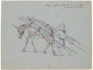 Mulas carregadas de troncos finos e seguidas pelo motorista de Johan Thomas Lundbye