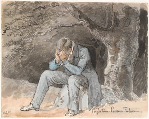 "Perfectum - Presente - Futuro". Jovem sentado debaixo de uma árvore em uma pedra com as mãos no rosto de Johan Thomas Lundbye