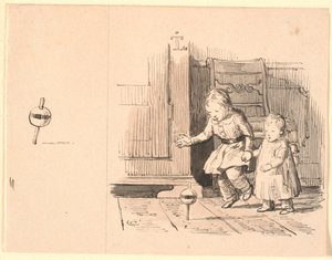 O Rumplepotten. À esquerda, pequeno estudo do pote de rumle de Johan Thomas Lundbye