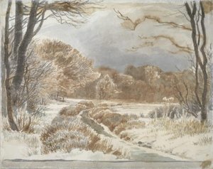Paisagem nevada com ribeiro. Purlund e Vallø de Johan Thomas Lundbye