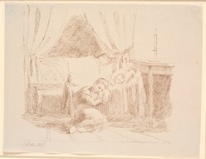 Interior do quarto com uma menina sentada no chão a dormir, encostada a um berço com uma criança a dormir de Johan Thomas Lundbye
