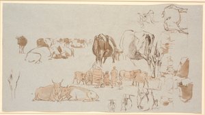 Revista Estudo. Estudos de vacas, no centro a carroça de ordenha com três meninas e um leiteiro de Johan Thomas Lundbye