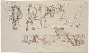 Revista de estudo da Vognserup. Acima estudos de vacas, f.n. paisagem com vacas em pé e deitadas de Johan Thomas Lundbye