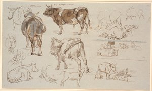 Revista de estudo da Vognserup. Estudos de vacas, touros e bezerros. º. dois estudos de paisagem, o superior com vacas deitadas, o inferior com uma cena de ordenha de Johan Thomas Lundbye