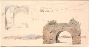 Revista de estudo da Campanha Romana, Itália. Abaixo, estudo em aquarela de um arco de um aqueduto romano com vista para montanhas baixas. F.o. estudo de espaço aberto com abóbadas planas, no meio uma mulher italiana carregando um grande pacote na cabeça,  de Johan Thomas Lundbye
