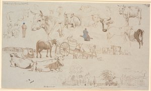 Folha de estudo da sala de ordenha em Vognserup. Acima especialmente estudos de vacas, no meio i.a. o vagão de ordenha e na parte inferior do edifício principal Vognserup e mais de Johan Thomas Lundbye