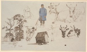 Revista de estudo do local de ordenha em Vognserup. Estudos de vacas. televisão casa de fazenda atrás de três árvores altas, no meio f.o. leiteira sentada de costas para ele e um vaqueiro de pé. f.n. uma carroça de Johan Thomas Lundbye