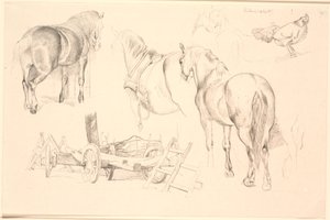 Folha de estudo com cavalos, implementos de campo e uma galinha no quadril de Johan Thomas Lundbye