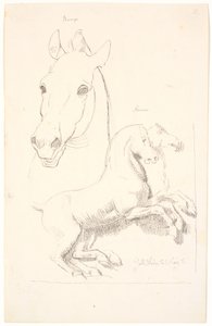 Estudos para esculturas antigas. Acima da cabeça de um cavalo, abaixo de um relevo com dois cavalos de Johan Thomas Lundbye